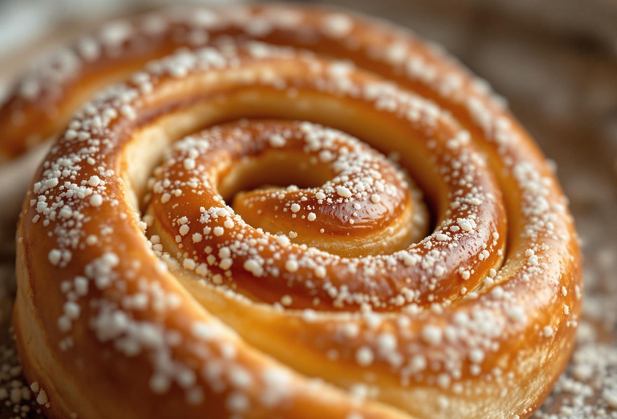 A detailed macro photograph of a warm, golden-brown Kanelbulle, showcasing its soft texture, cinnamon swirls, and glistening sugar crystals.