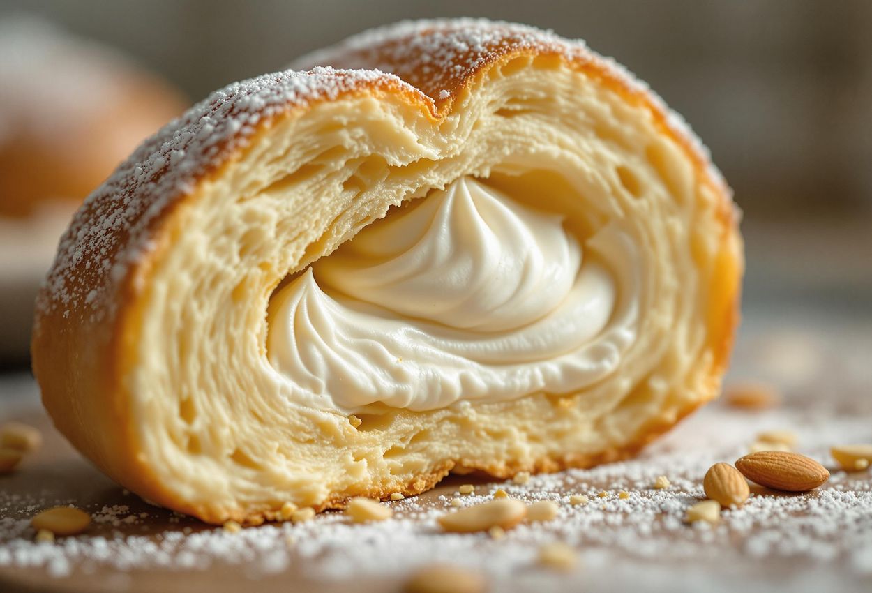 A detailed close-up photograph of a Semla pastry, sliced to reveal its creamy almond paste and whipped cream filling. The image showcases the pastry