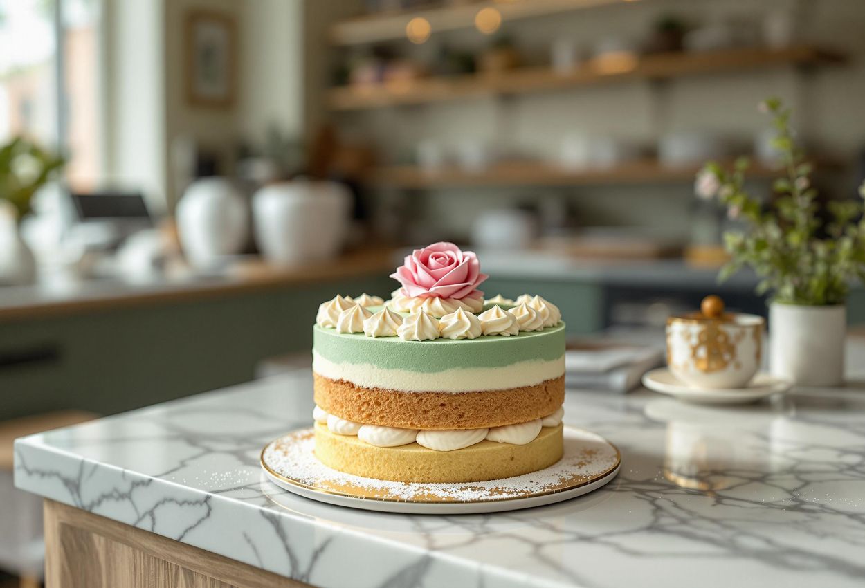 A photograph of a beautifully presented Prinsesstårta in a Stockholm bakery, showcasing its delicate layers and vibrant green marzipan.