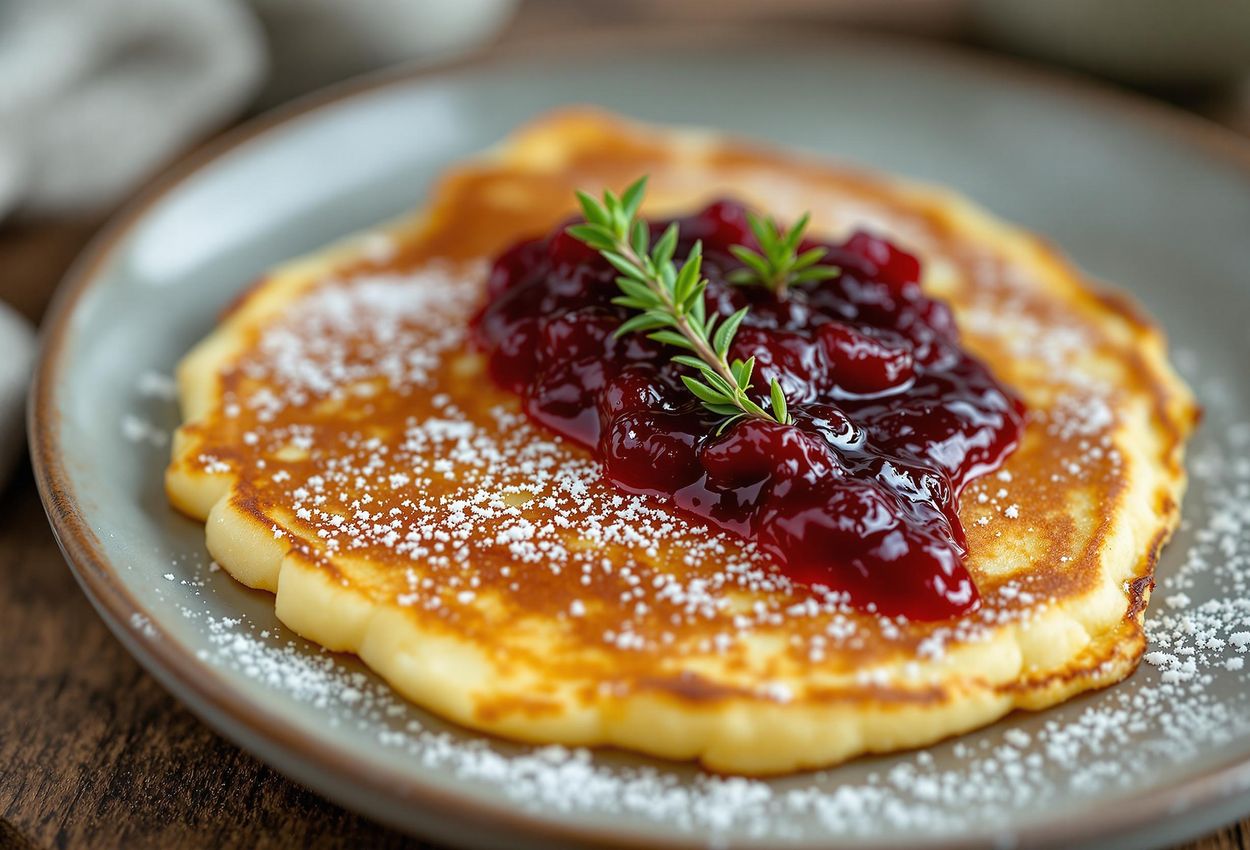 A close-up photograph of Swedish Raggmunk pancakes served with crispy fried pork and vibrant lingonberry jam. The image highlights the textures and colors of this traditional dish.