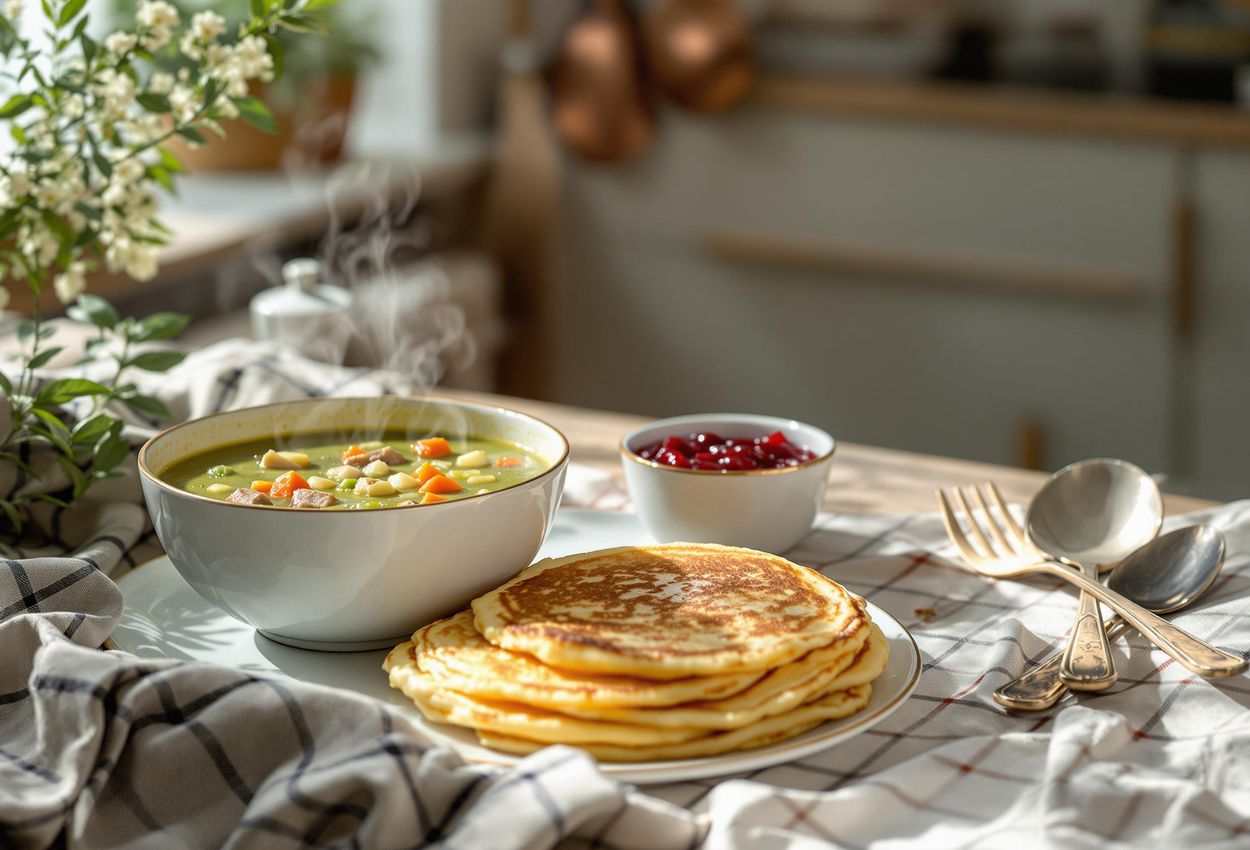 A photograph showcasing the traditional Swedish dish Ärtsoppa med Pannkakor, featuring a rich pea soup with pork and vegetables alongside delicate pancakes served with lingonberry jam and whipped cream.