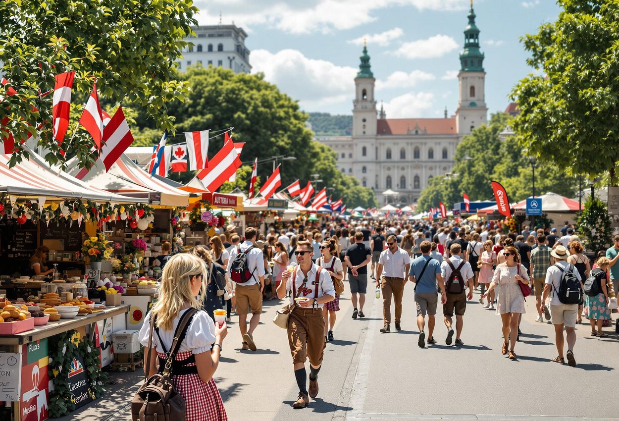 A lively photograph capturing the vibrant atmosphere of an Austrian food festival in Vienna