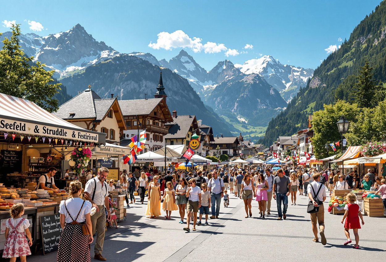 A vibrant photograph capturing the Seefeld Strudel Festival in Tyrol, showcasing the delicious strudel creations, lively atmosphere, and stunning alpine backdrop.