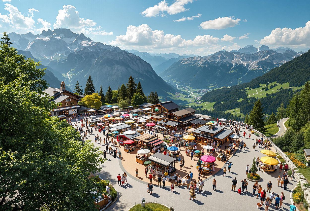 An aerial photograph captures the vibrant High Enjoyment street food market in Gaschurn, Austria, set against the stunning backdrop of the Montafon region and Silvretta High Alpine Road.