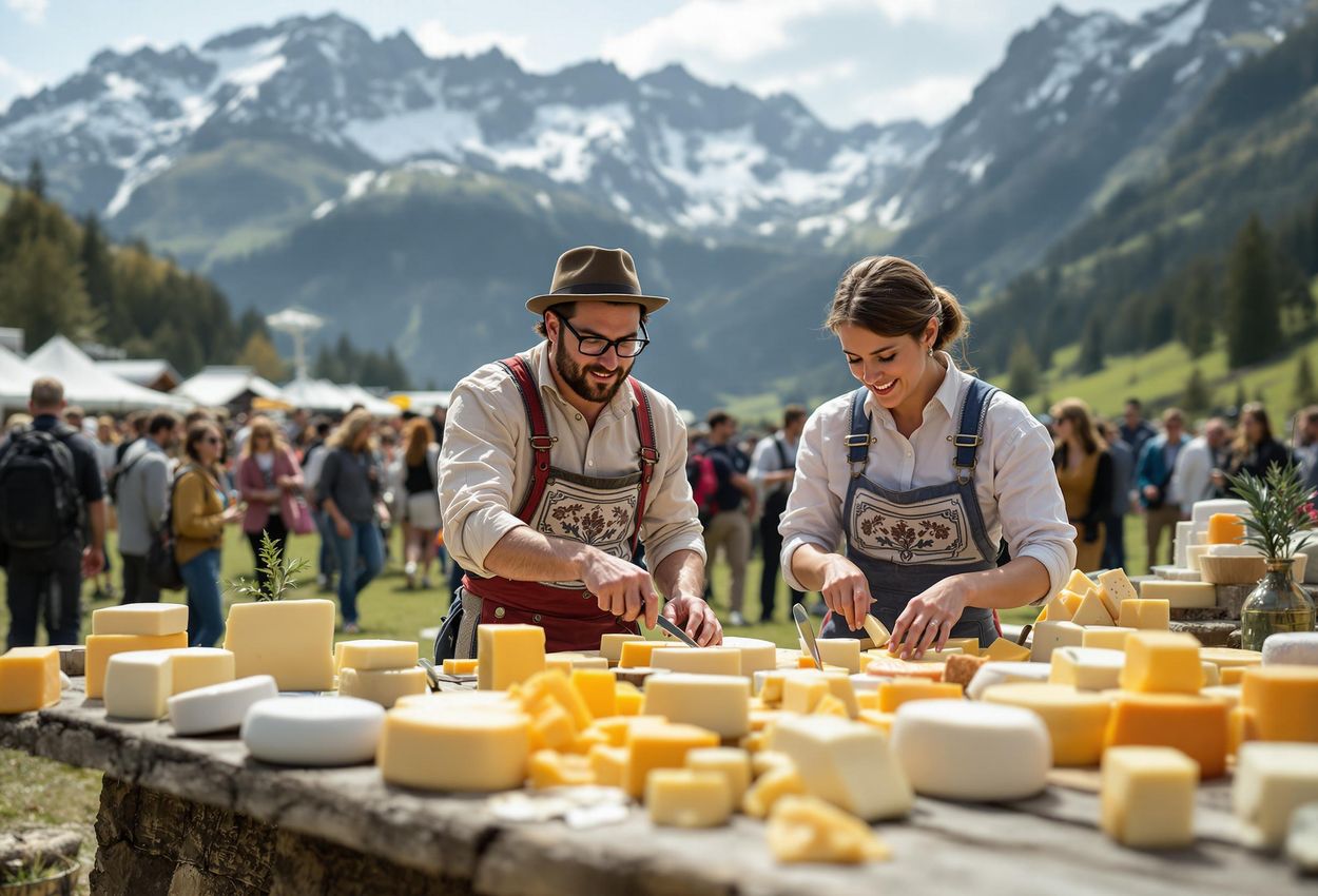 A photograph capturing the International Alpine Cheese Olympics in Galtür, Austria, featuring dairymen and women presenting their artisanal cheeses, judges evaluating the flavors, and the stunning backdrop of the Silvretta Alps.