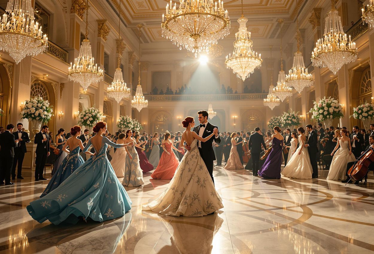 A wide-angle photograph captures a grand ballroom in Vienna during the Ball Season. Elegant couples in formal attire waltz under crystal chandeliers as an orchestra plays classical music. The scene exudes elegance and tradition.