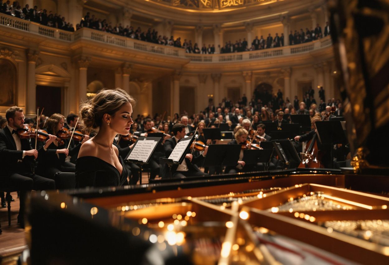 A photograph capturing a live performance during Mozart Week at the Salzburg Mozarteum Foundation, showcasing a pianist and orchestra immersed in Mozart