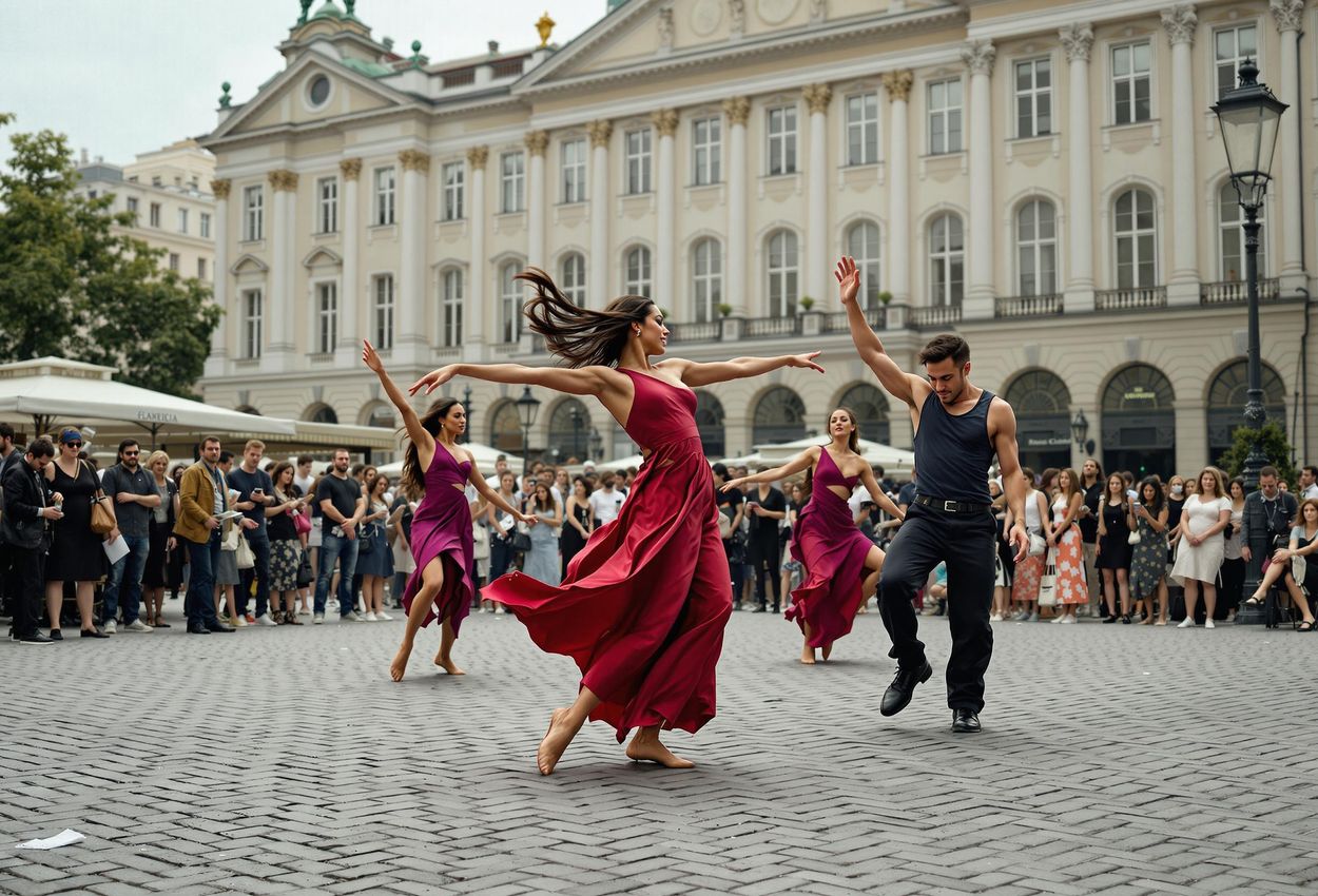 A photograph capturing a vibrant street performance by contemporary dancers during the Vienna Festival in Heldenplatz, Vienna. The Hofburg Palace provides a stunning backdrop to the energetic scene.