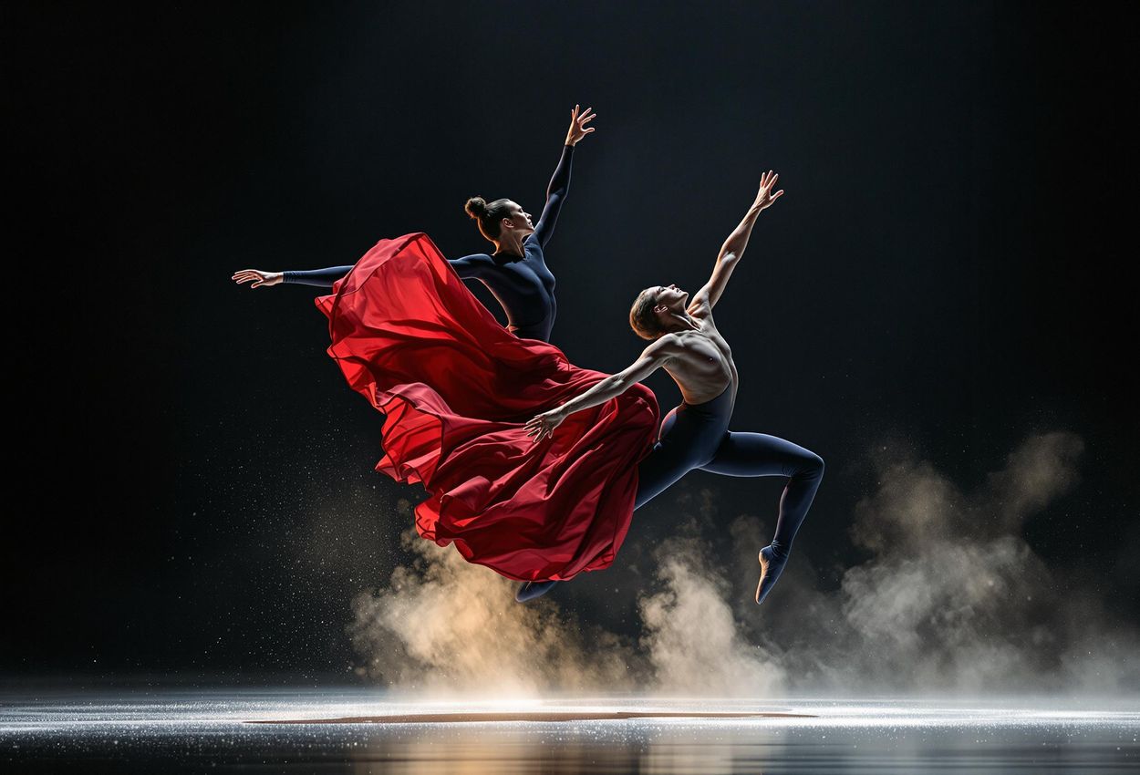 A captivating photograph captures the energy and emotion of a contemporary dance performance at the ImPulsTanz Vienna International Dance Festival. Dancers are seen in mid-movement, bathed in dramatic lighting.
