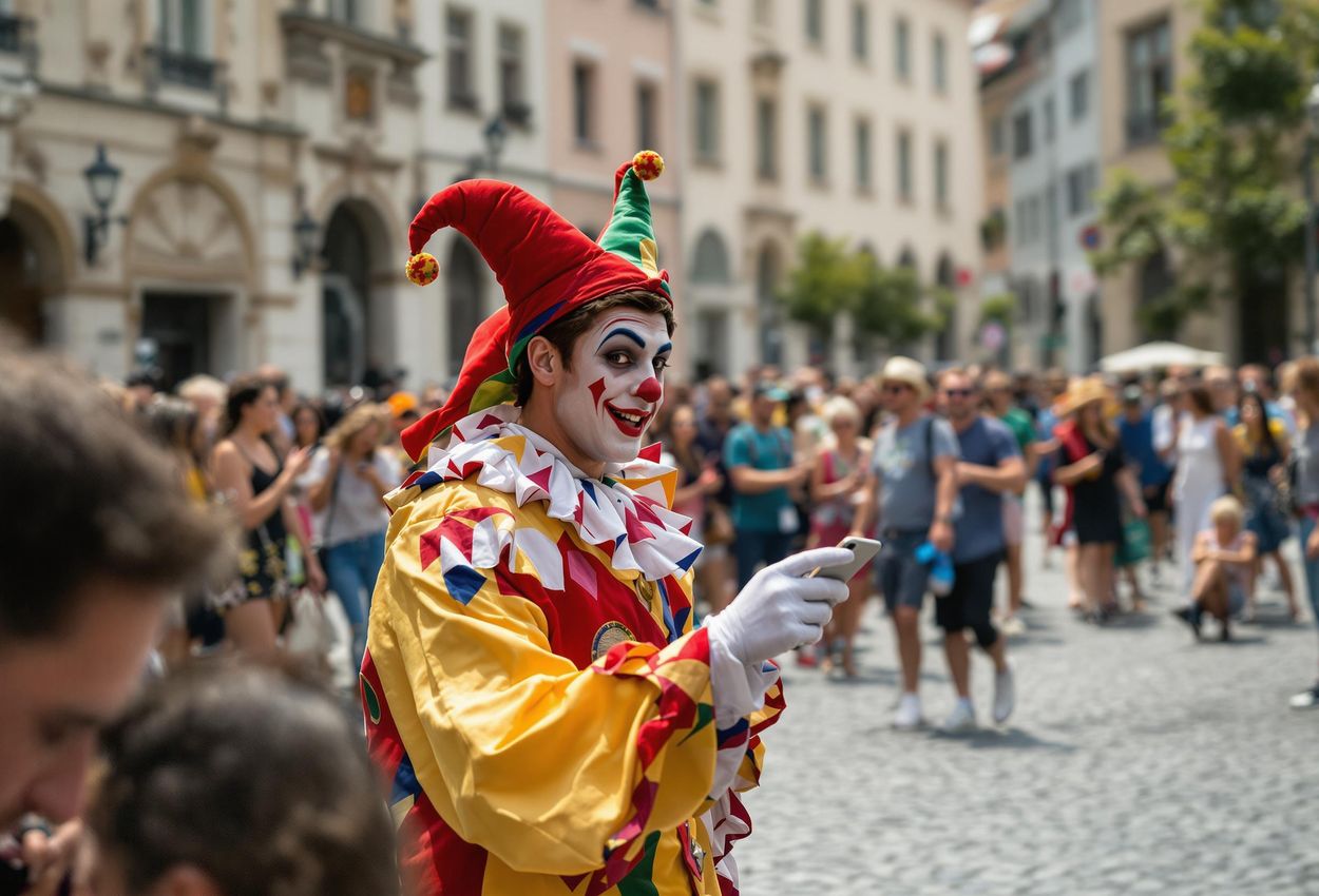 A candid photograph capturing a street art performance during La Strada Graz, showcasing the vibrant interaction between a performer and the public against the backdrop of Graz