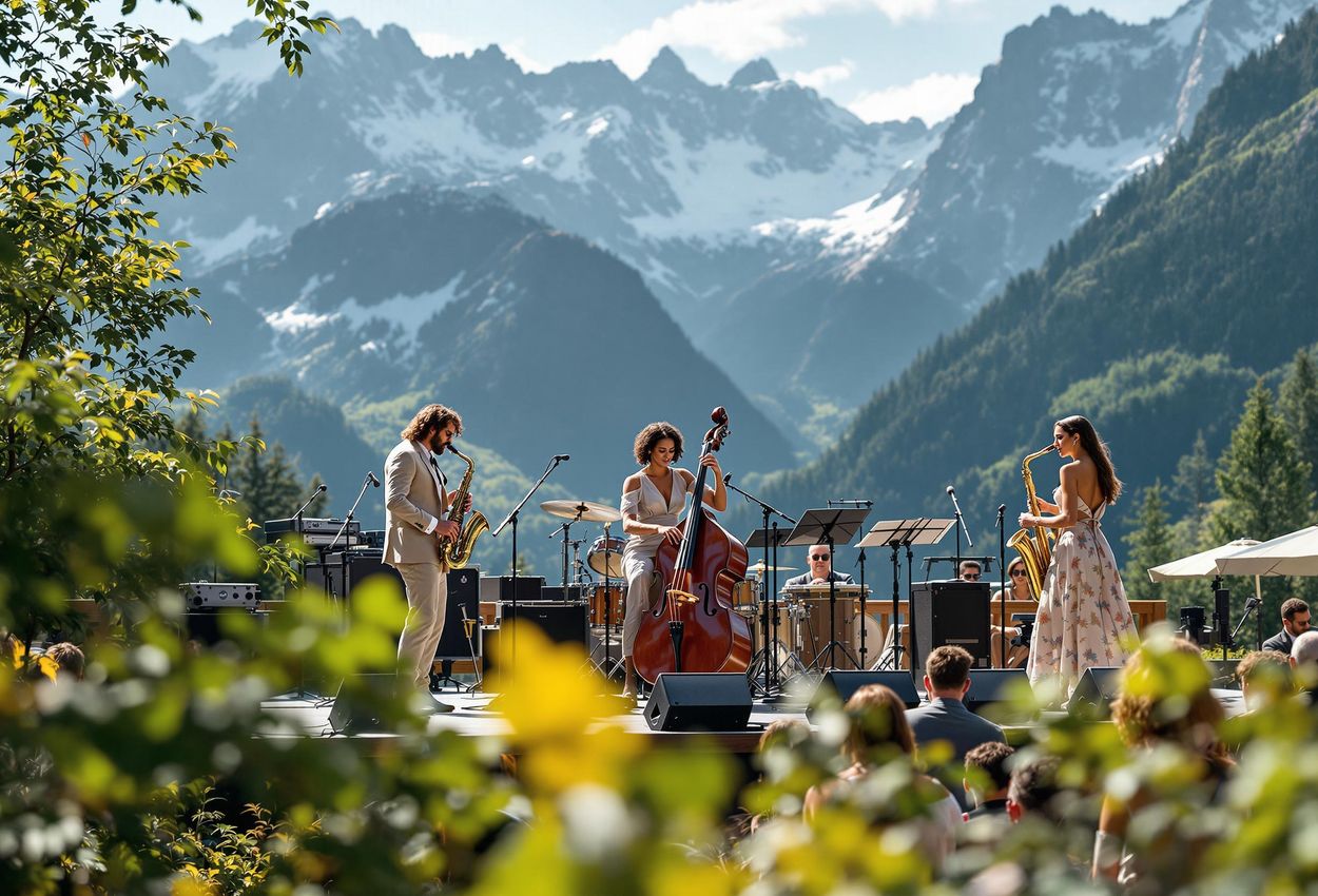 A medium shot captures a vibrant jazz performance at the Saalfelden Jazz Festival, set against the stunning backdrop of the Austrian Alps. Musicians and audience members alike enjoy the music and scenery.