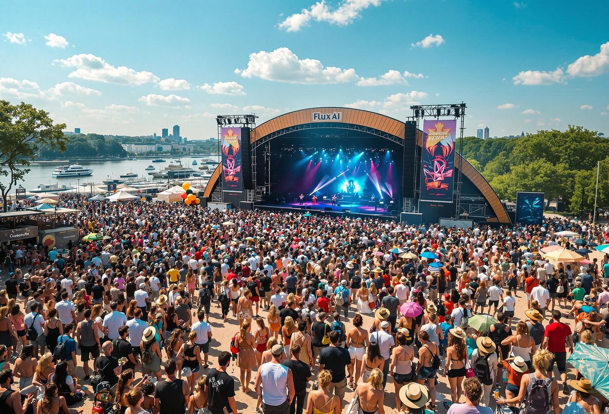 A vibrant photograph capturing the lively atmosphere of the Danube Island Festival in Vienna, showcasing the crowd, stage, and food stalls on a sunny summer day.