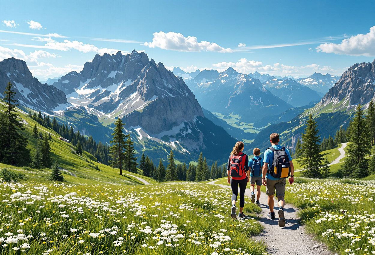 A landscape photograph capturing hikers on a trail in the Austrian Alps, surrounded by lush meadows and snow-capped peaks under a clear blue sky.