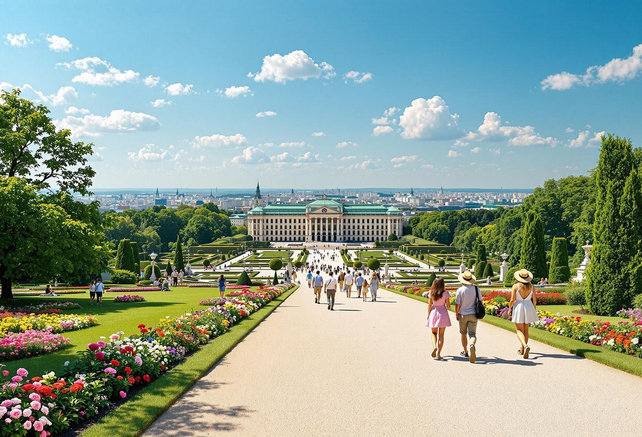 A scenic view of Schönbrunn Palace gardens in Vienna, featuring tourists enjoying the manicured lawns and the Gloriette framing the cityscape.