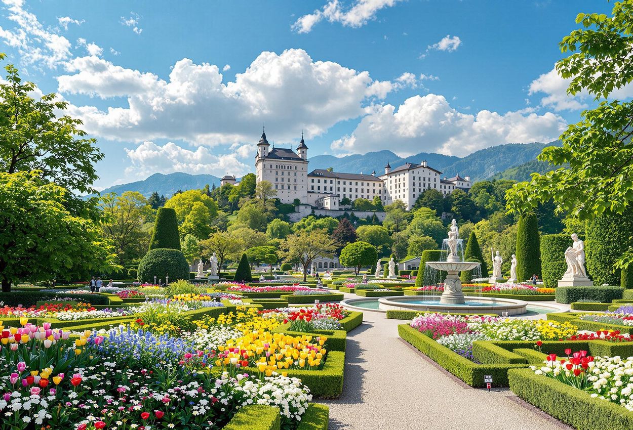 A serene photograph of the Mirabell Gardens in Salzburg, Austria, showcasing vibrant flowers and the iconic Hohensalzburg Fortress in the background.