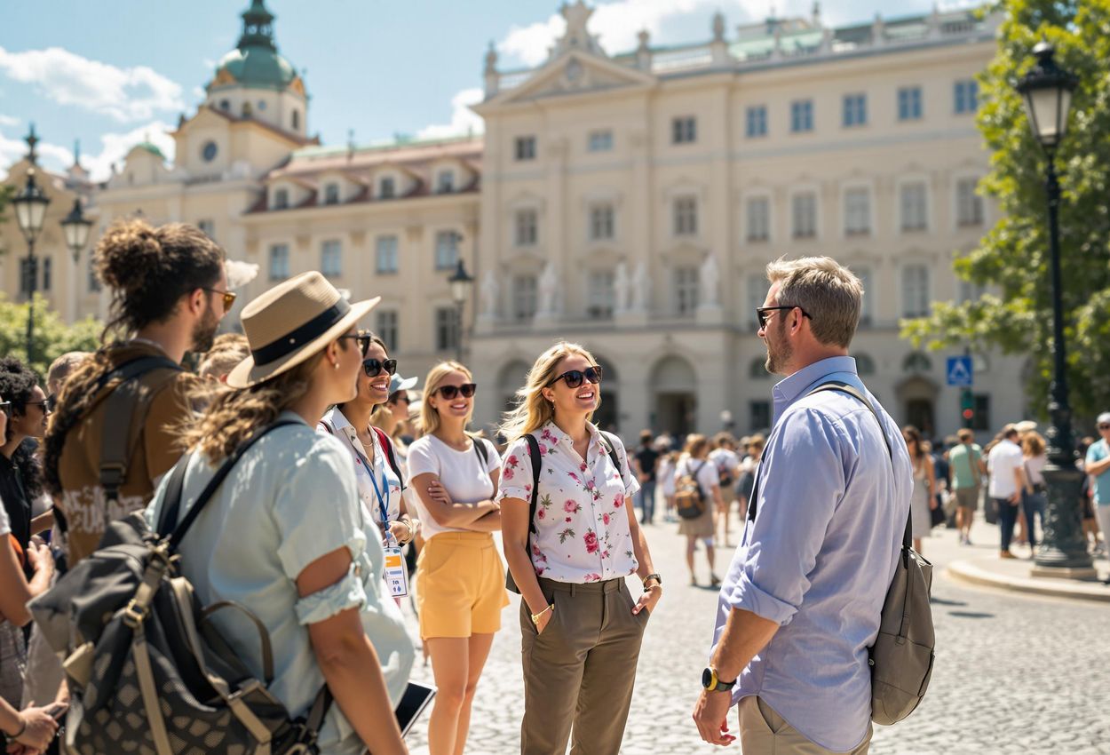 A group of tourists listens to a local guide in front of the magnificent Hofburg Palace in Vienna, Austria. The photo captures the essence of a luxury travel experience, showcasing the city