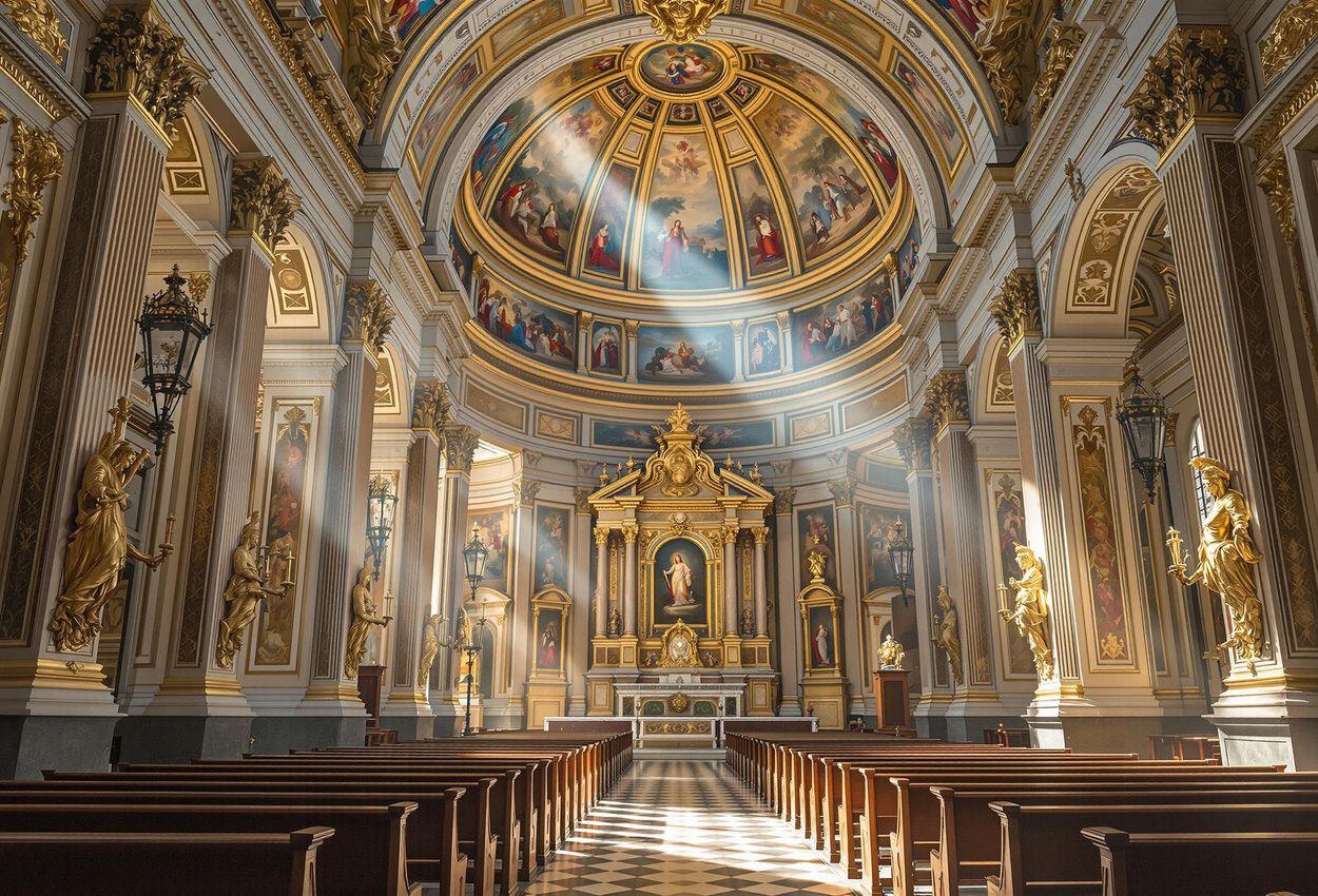 A serene photograph capturing the stunning baroque interior of St. Peter