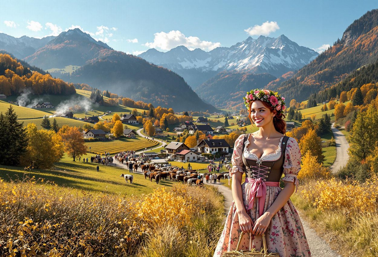 A photograph capturing the beauty of the Austrian countryside during the fall harvest festival, featuring colorful foliage, traditional celebrations, and majestic mountain views.