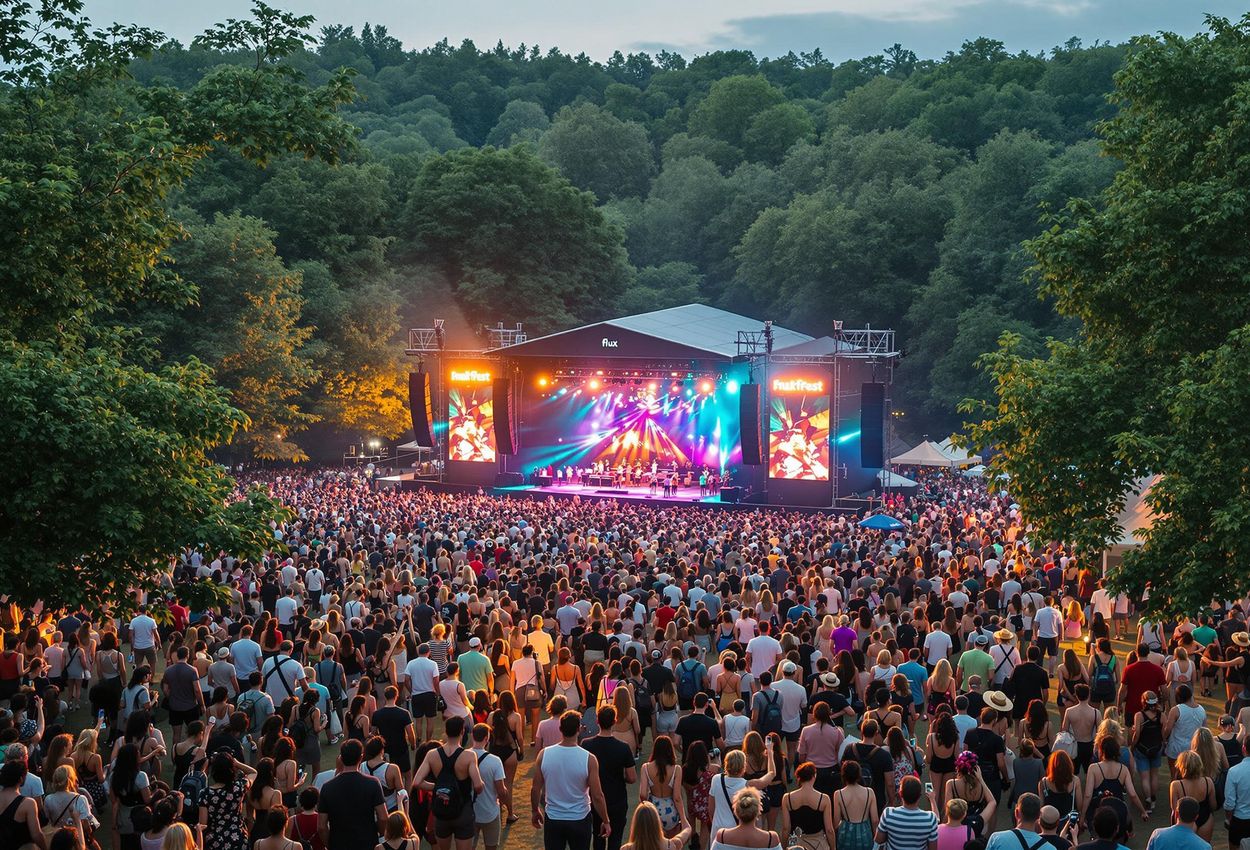 A captivating photograph capturing the vibrant atmosphere of Smukfest festival in Skanderborg, Denmark. The image showcases the energy of the crowd, the dynamic stage lighting, and the natural beauty of the surrounding beech forest.