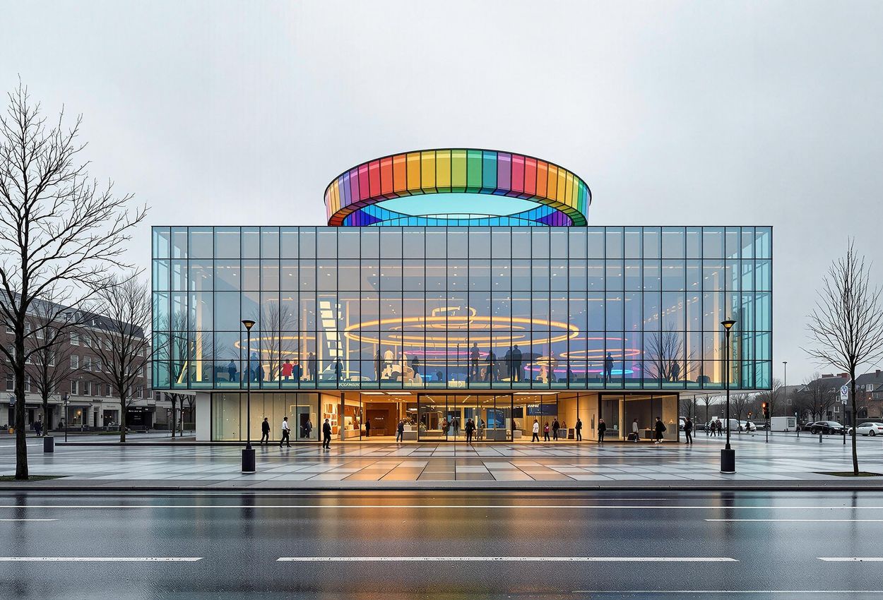 A photograph of the ARoS Aarhus Art Museum in Denmark, featuring its cube-shaped design and the vibrant 