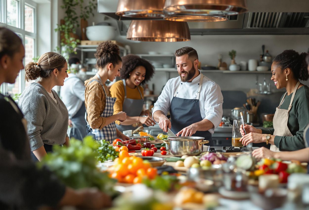 A candid photograph capturing the collaborative cooking experience at Restaurant Virketrang in Copenhagen, showcasing the restaurant