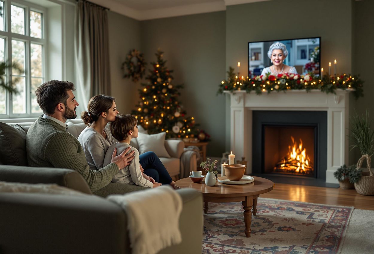 A heartwarming photograph capturing a British family gathered in their living room on New Year