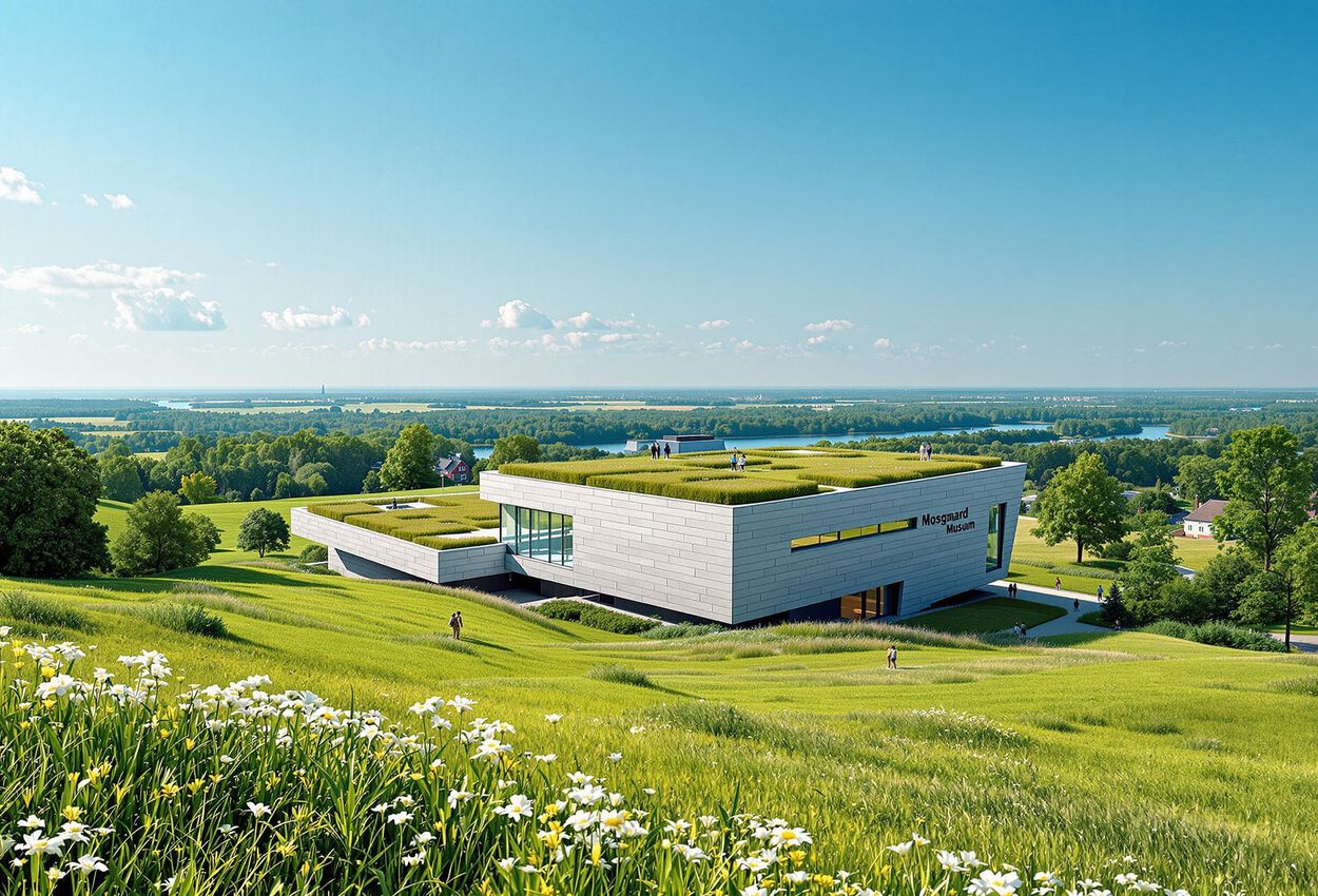 A stunning photograph of the Moesgaard Museum in Aarhus, Denmark, showcasing its unique architecture and integration with the surrounding landscape.
