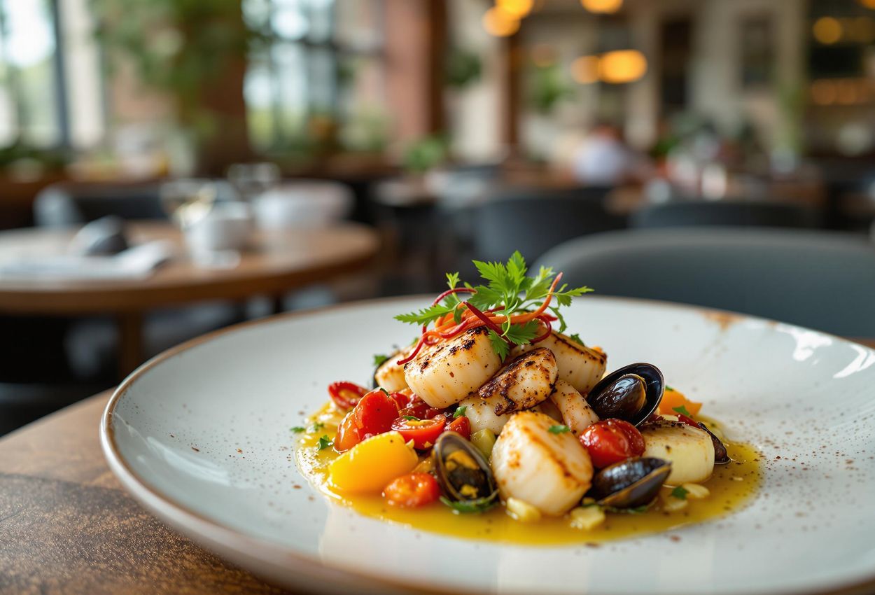 A close-up photograph of a beautifully plated Mediterranean dish featuring fresh seafood and seasonal vegetables at VIE restaurant, showcasing classic craftsmanship and handpicked ingredients in a stylish, high-ceilinged space.