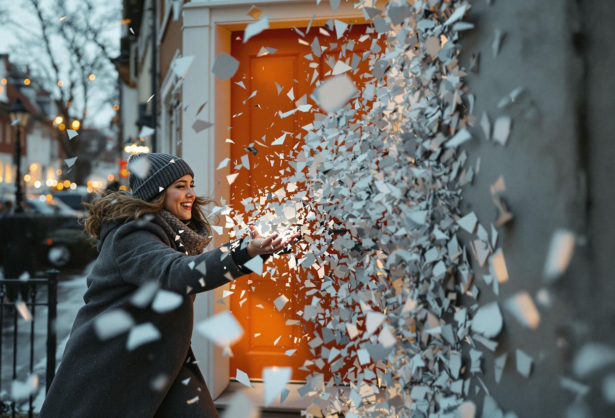 A photograph capturing the Danish tradition of smashing plates on New Year