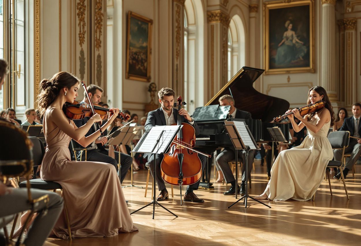 A photograph captures a classical chamber music ensemble performing at the Copenhagen Summer Festival in Charlottenborg Palace. The image showcases the elegance and sophistication of the setting, with a focus on the musicians and the architecture.