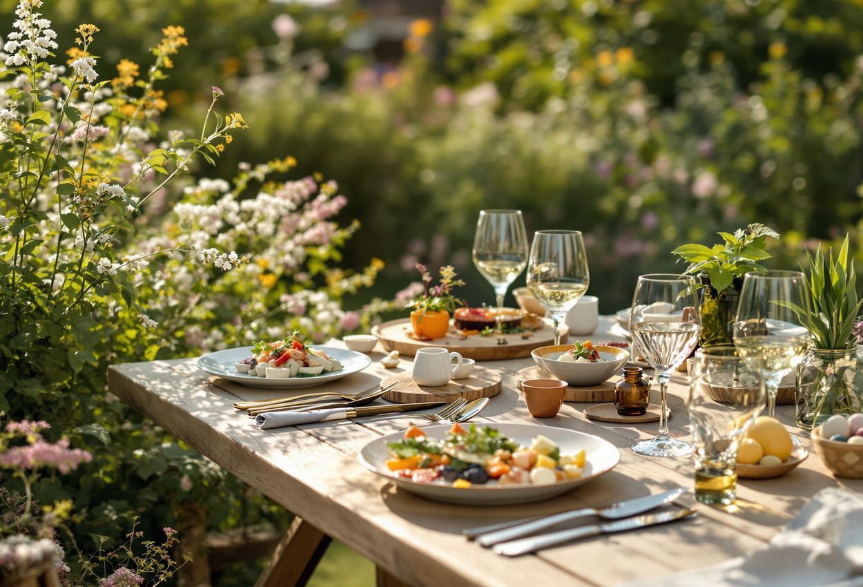 A beautifully composed photograph capturing an intimate dining setting at an organic farm-to-table restaurant near Aarhus, Denmark. The image showcases the restaurant