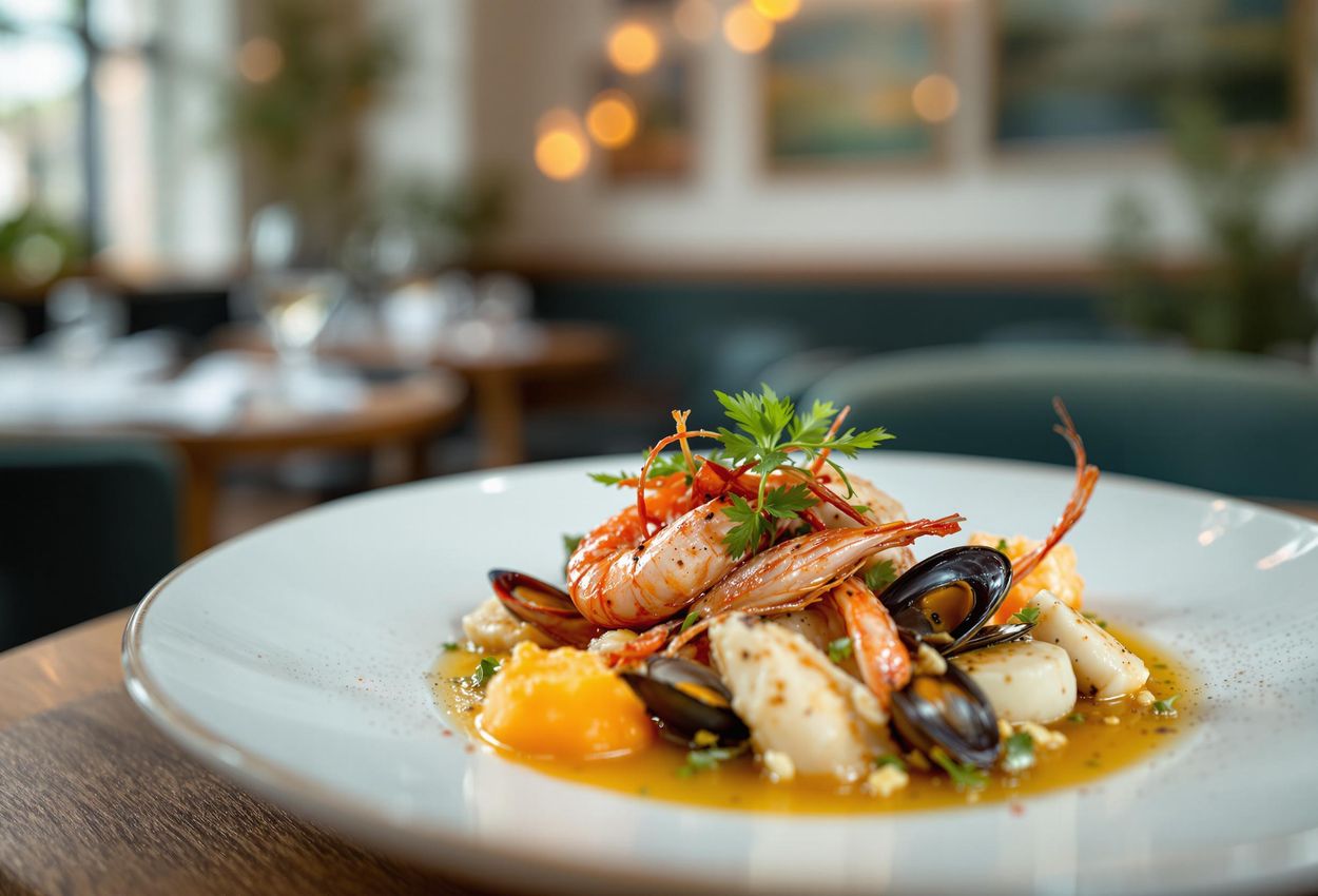 A photograph showcasing a beautifully presented seafood dish at Restaurant Texture in Copenhagen, emphasizing sustainable practices and culinary innovation.