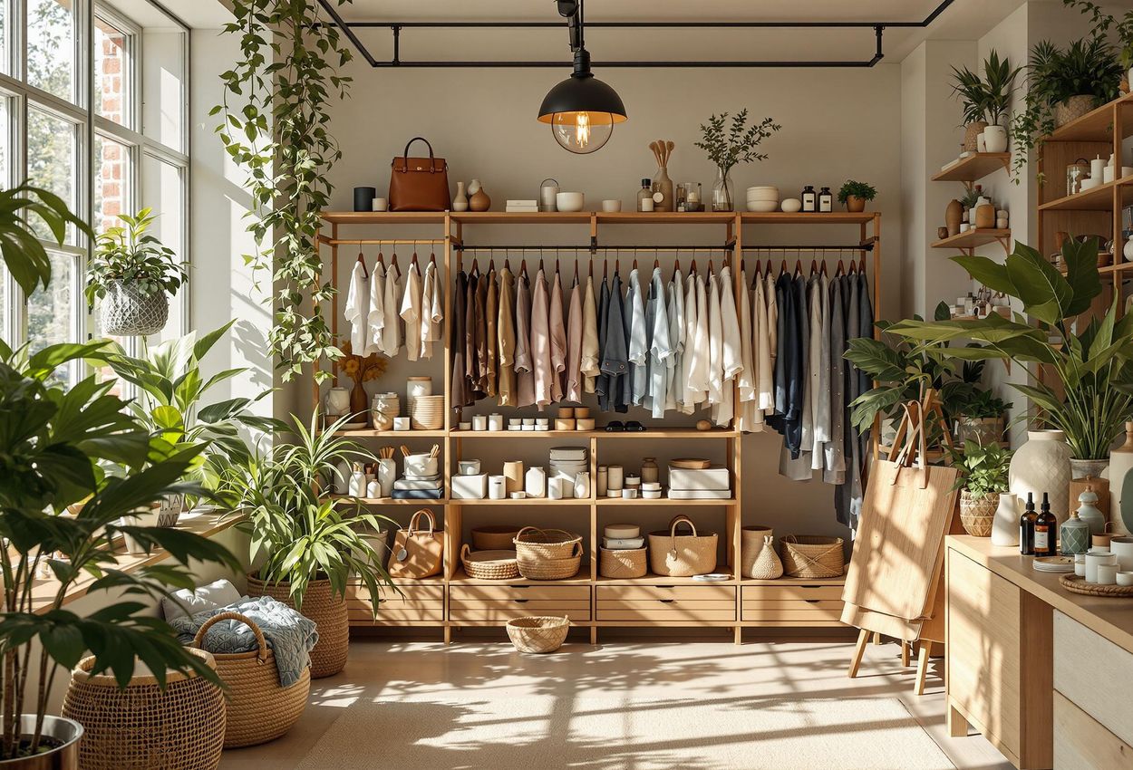 A sunlit shot of a sustainable shop in Aarhus, Denmark, showcasing ethically sourced clothing, accessories, and home goods. Discover the beauty of eco-friendly luxury.