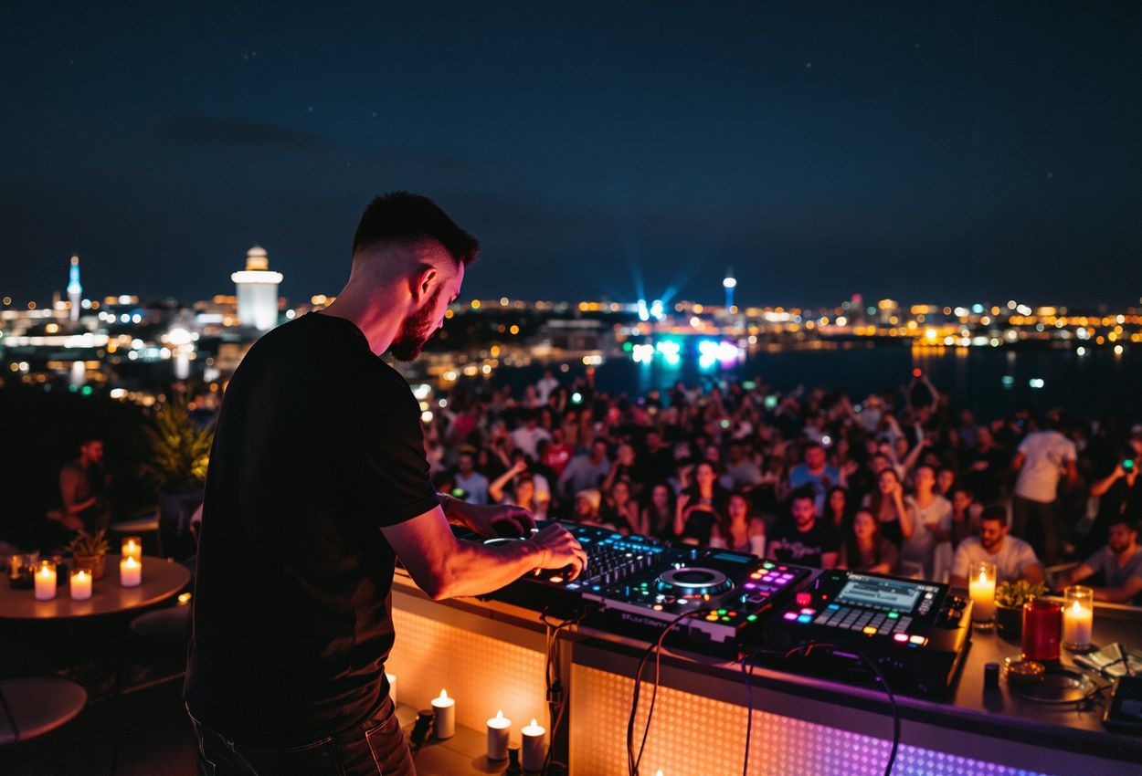A captivating photograph capturing the vibrant energy of a DJ performing on a rooftop during Copenhagen