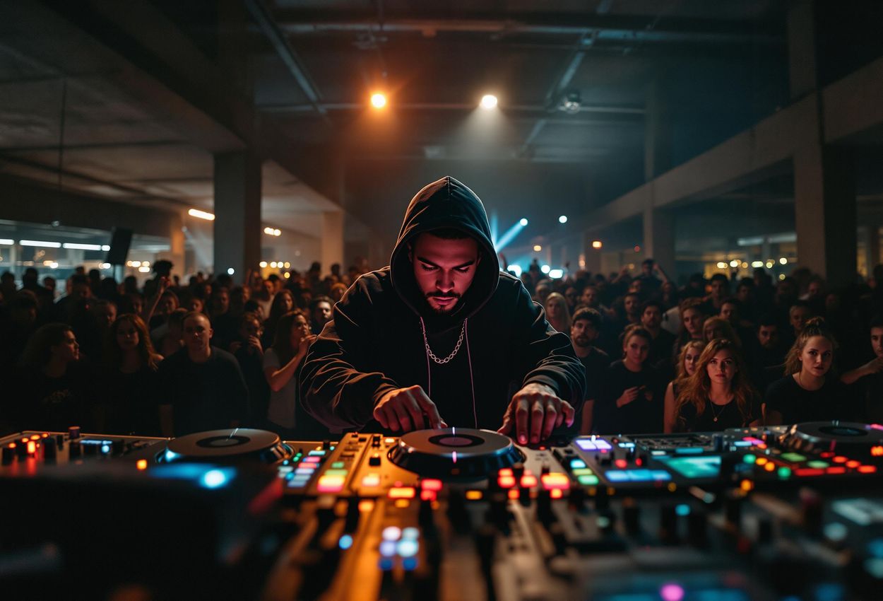 A vibrant photograph capturing the underground culture of the Karrusel Festival in Copenhagen, featuring a DJ and an ecstatic crowd in a unique venue.