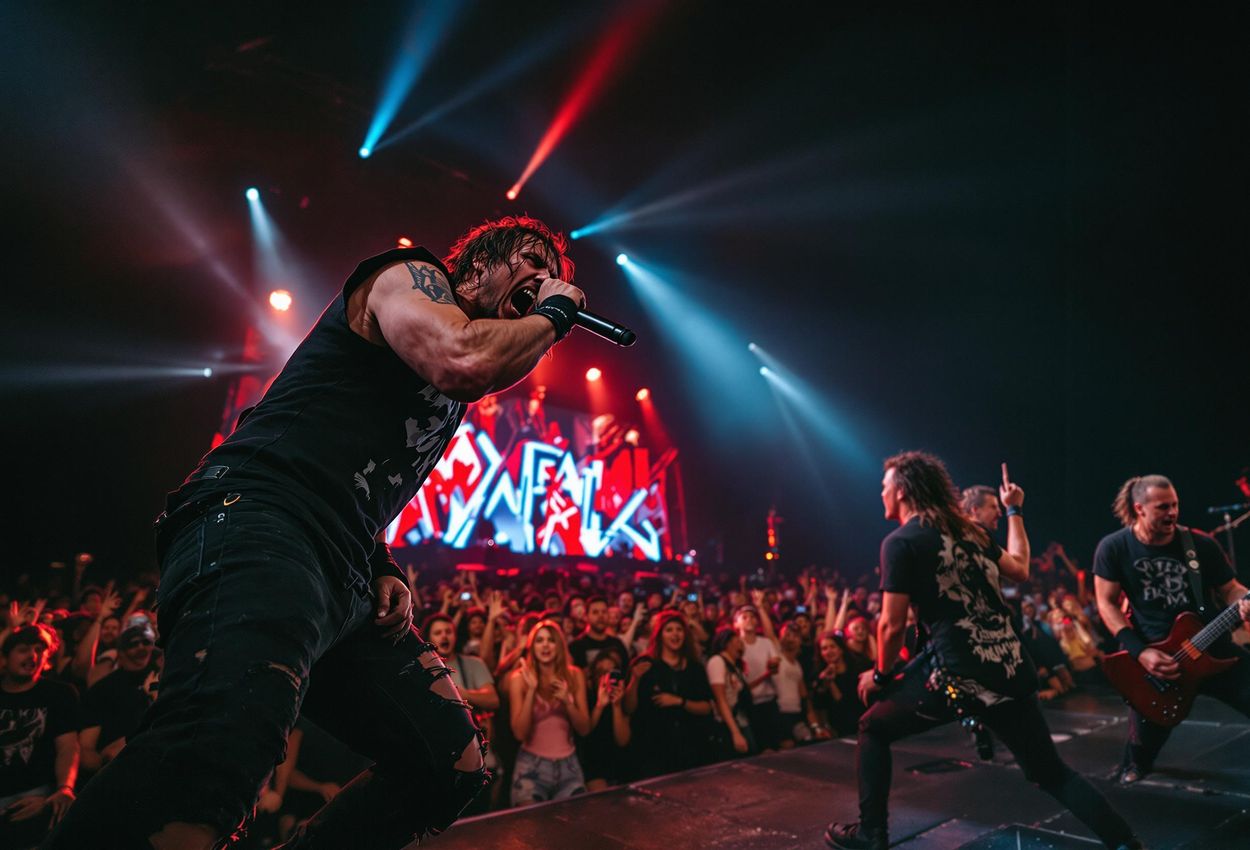 A high-energy photograph capturing a metal band performing live at Copenhell in Copenhagen, Denmark. The image showcases the band
