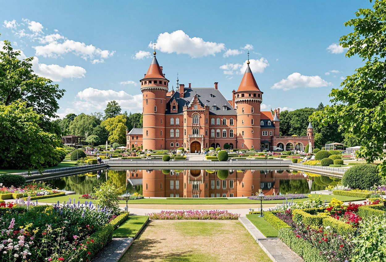 A scenic view of Egeskov Castle and its surrounding gardens during the Heartland Festival, showcasing the castle