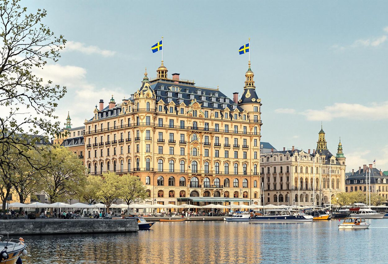 A stunning photograph of the Grand Hôtel Stockholm in early spring, capturing its elegant facade, the waving Swedish flag, and the vibrant harbor scene.