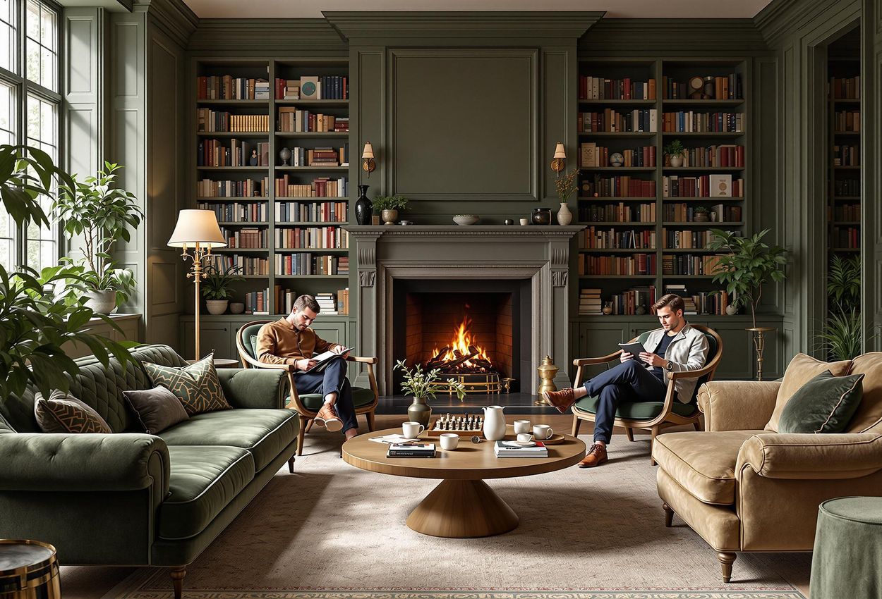 A warm and inviting photograph capturing the cozy atmosphere of the library at Ett Hem hotel in Stockholm, Sweden. Guests are seen relaxing in a beautifully designed space with vintage furniture and a roaring fireplace.