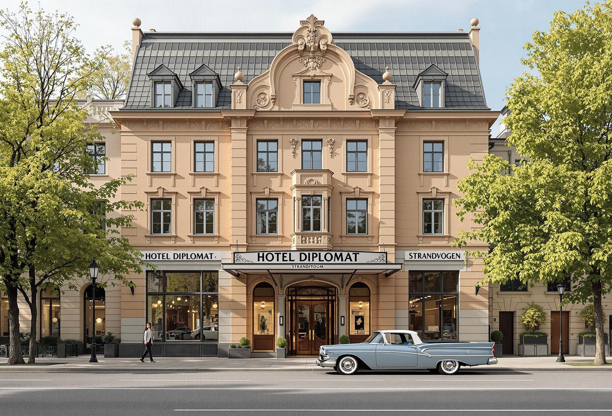 A daytime exterior shot of Hotel Diplomat Stockholm, showcasing its Art Nouveau architecture and prime location on Strandvägen, with a classic car parked in front.