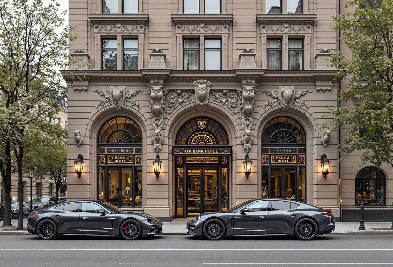 Exterior view of Bank Hotel in Stockholm, showcasing its stunning architecture and a luxury Porsche Panamera. A blend of classic design and modern luxury.