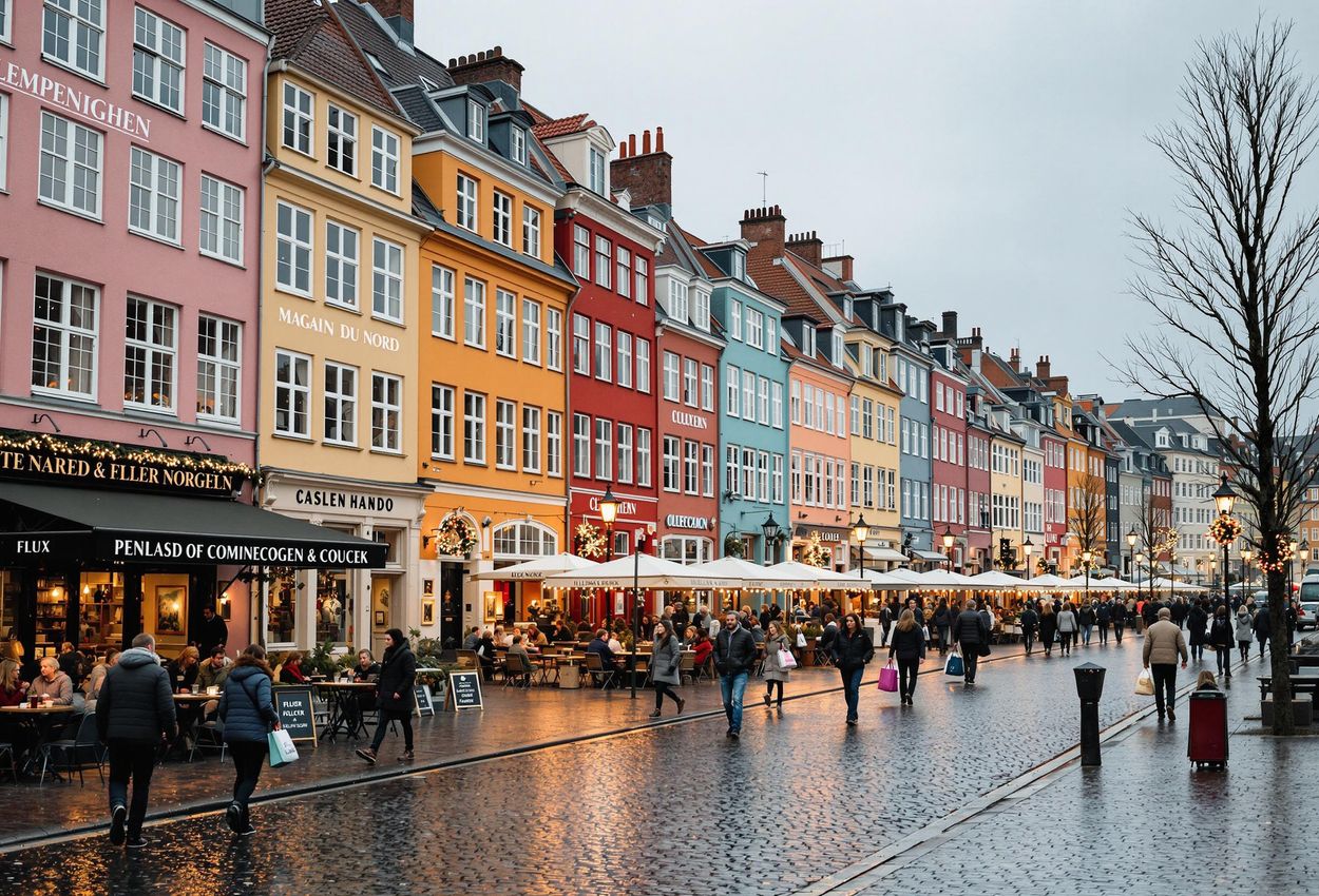 A photograph captures a picturesque street in Copenhagen during November, featuring colorful buildings adorned with twinkling lights and people enjoying the cozy atmosphere.