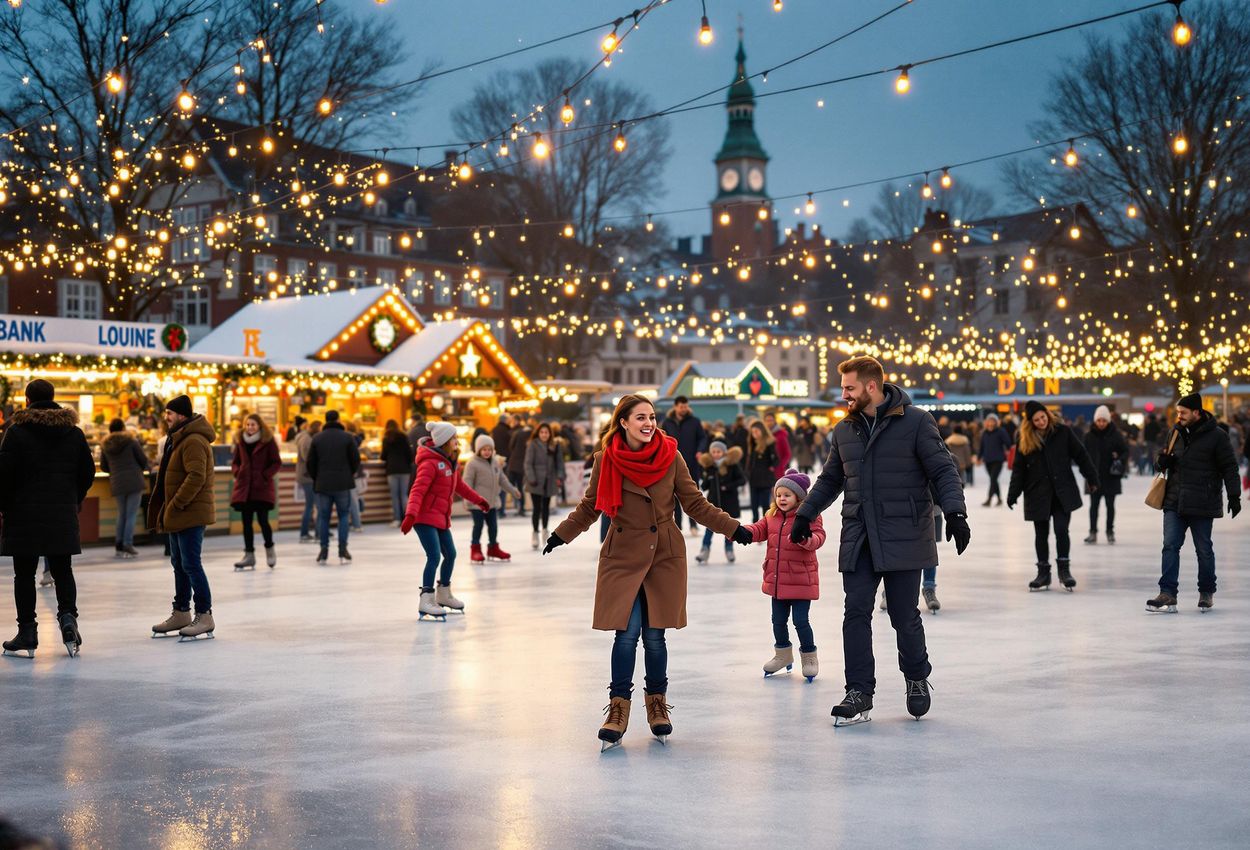 A vibrant photograph capturing the joy and excitement of ice skating at Broens Skøjtebane in Copenhagen during the winter. Twinkling lights and Christmas decorations create a magical atmosphere.