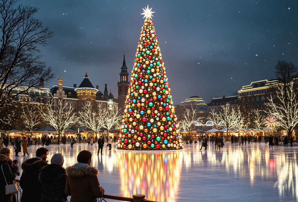 A photograph capturing the enchanting Christmas atmosphere inside Tivoli Gardens, Copenhagen, featuring a towering Christmas tree, ice rink, and festive market stalls.