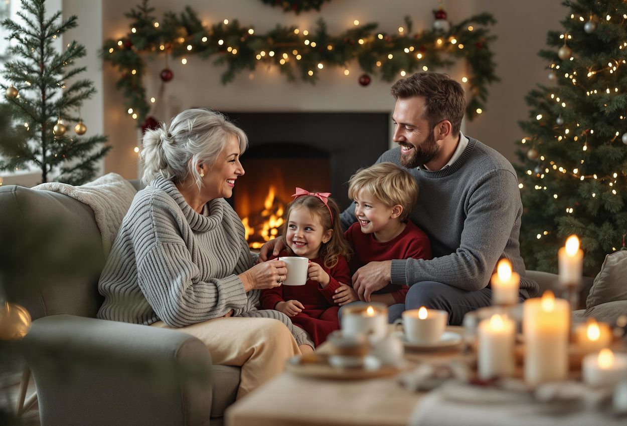 A warm and inviting photograph capturing a family gathered around a fireplace in a home decorated in the Danish 