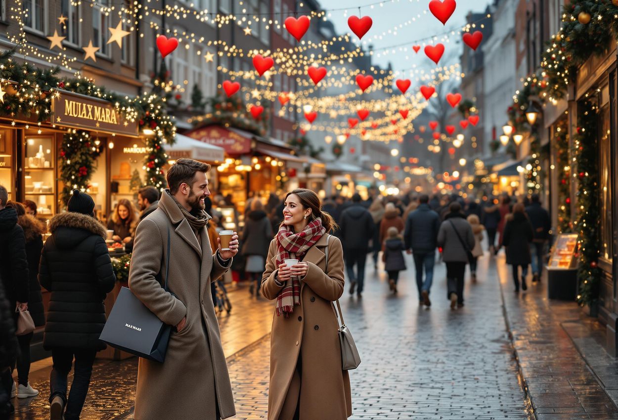 A vibrant photograph capturing the joyful Christmas atmosphere on Strøget, Copenhagen