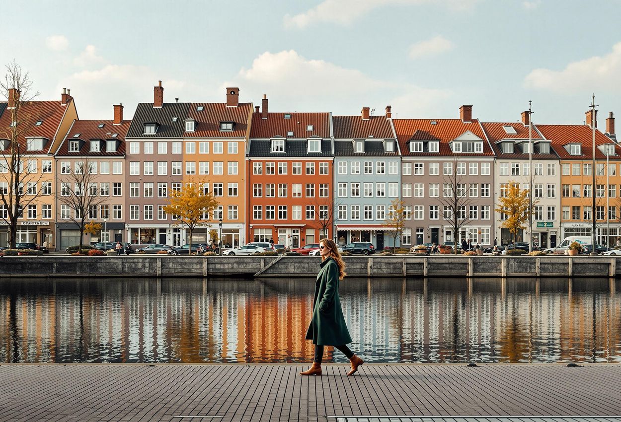 A tranquil photograph of Slusenholmen in Copenhagen, featuring colorful buildings reflected in the calm canals on an autumn day. A lone figure strolls along the waterfront, capturing the essence of this hidden gem.