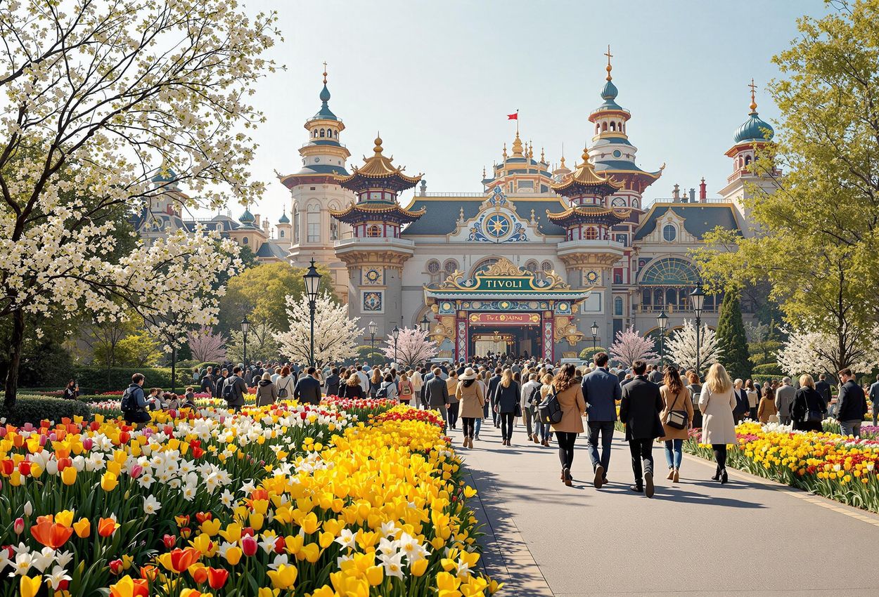 A vibrant photograph capturing the grand reopening of Tivoli Gardens in Copenhagen, Denmark, on April 4, 2025. The scene showcases the bustling entrance, colorful spring flowers, and iconic architecture bathed in soft morning light.