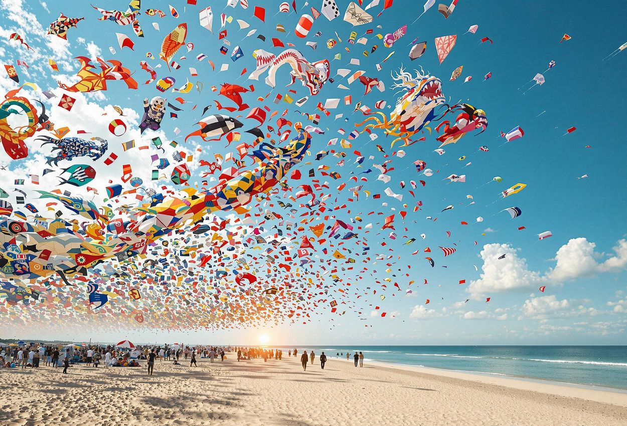 A dynamic telephoto shot captures the International Kite Fliers Meeting on Fanø Island, Denmark. Thousands of kites fill the sky, creating a vibrant and lively atmosphere.