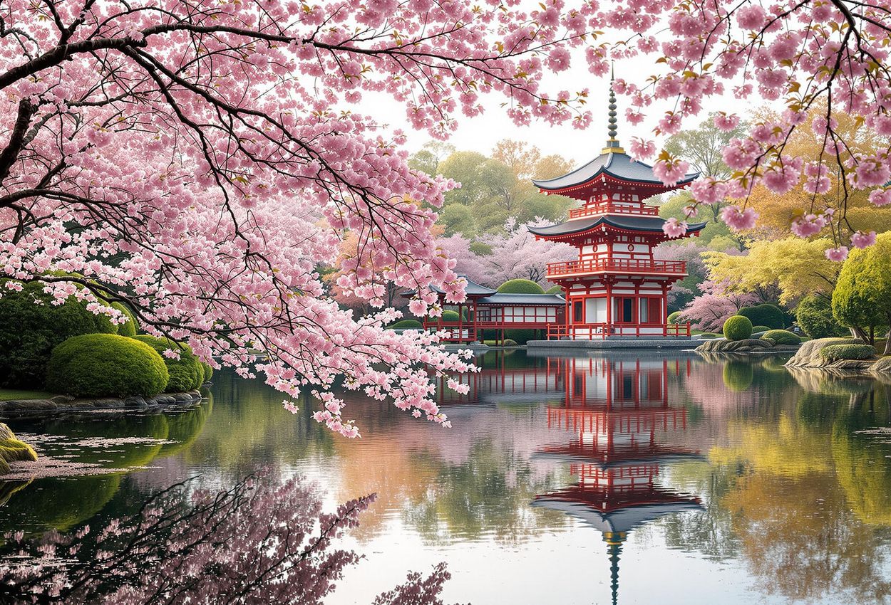 A tranquil photograph capturing the beauty of the Japanese Garden in Tivoli Gardens, Copenhagen, during springtime. Cherry blossoms frame a traditional pagoda reflected in a calm pond.